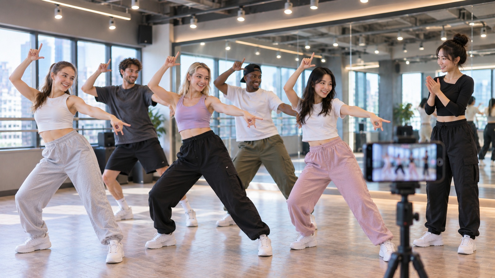 Travelers recording a group video after a K-pop dance in Seoul