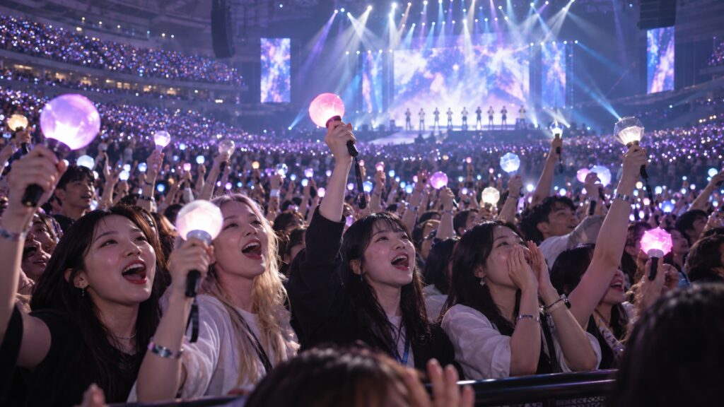 K-pop concert audience participating together in a coordinated fanchant