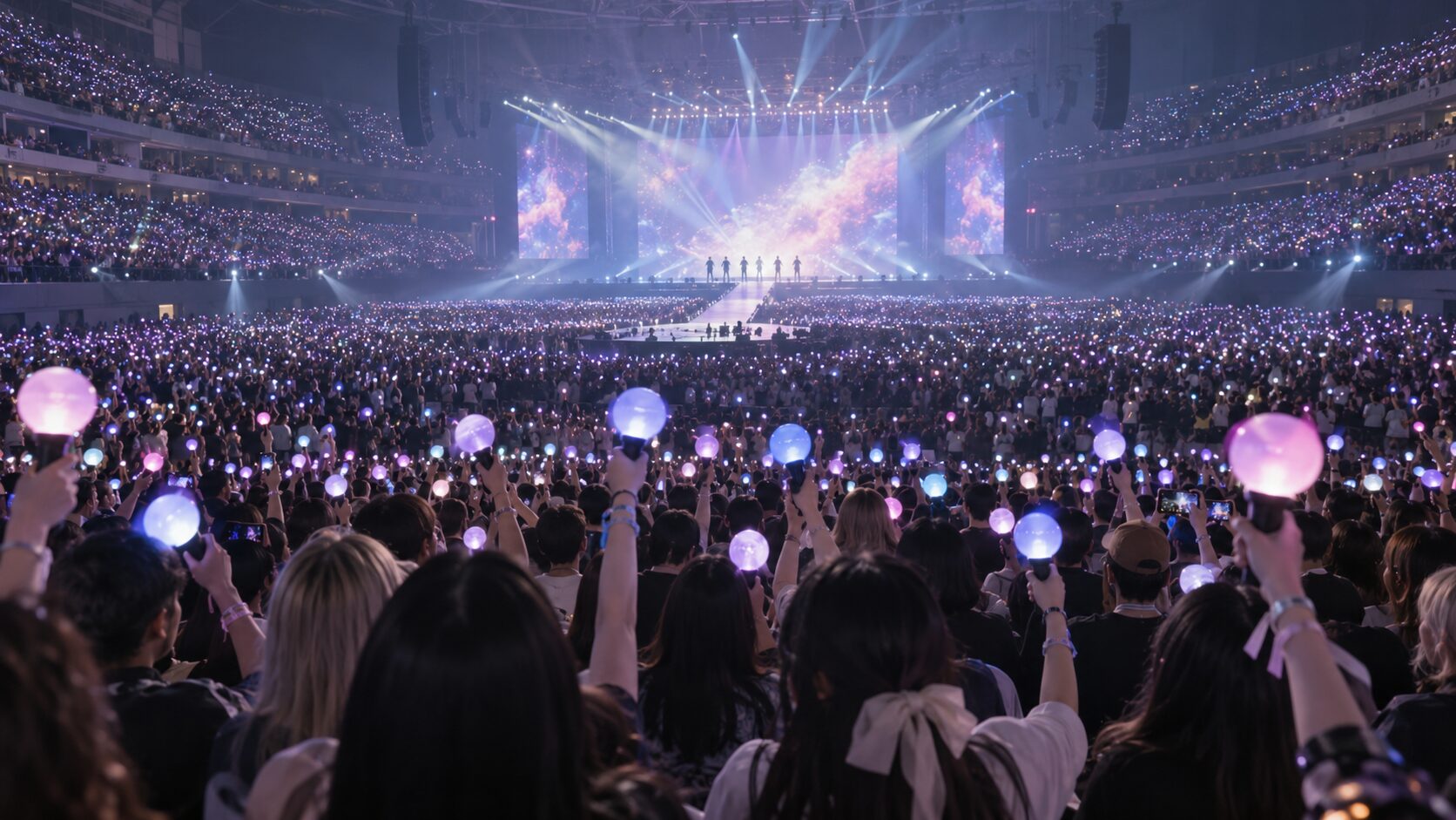 K-pop fans holding glowing lightsticks together at a concert in Seoul