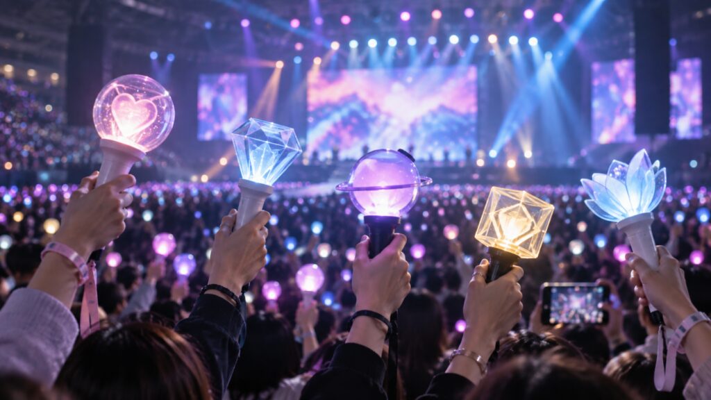 K-pop fans holding fictional lightsticks during a concert in Korea
