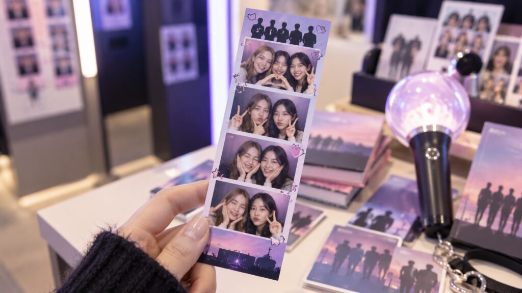 K-pop fan holding a four-cut photo strip with a fictional collaboration frame