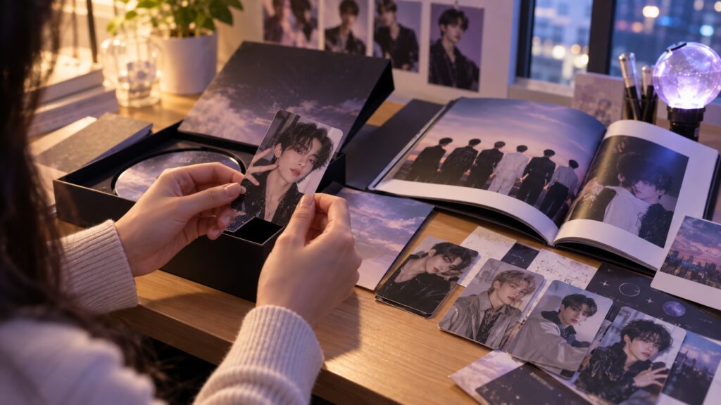 K-pop album being opened with collectible photocards and album inclusions