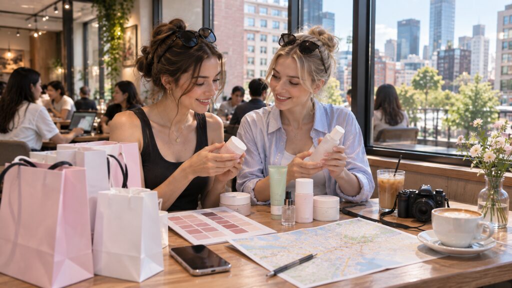 Travelers reviewing K-beauty purchases after a shopping day in Seoul