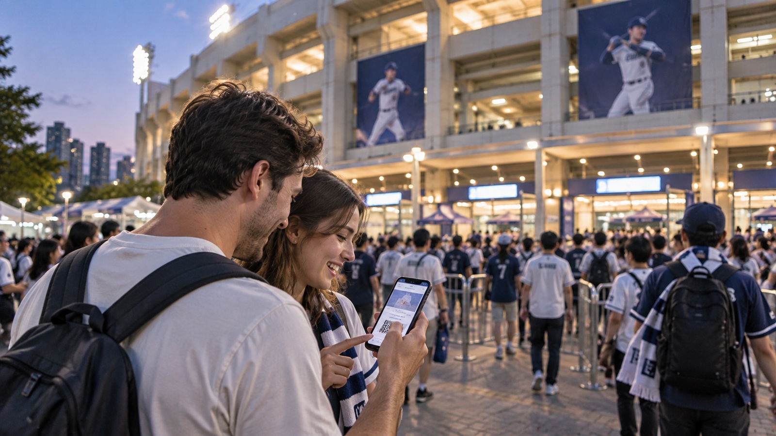 International traveler checking a baseball ticket on a phone outside a Seoul stadium