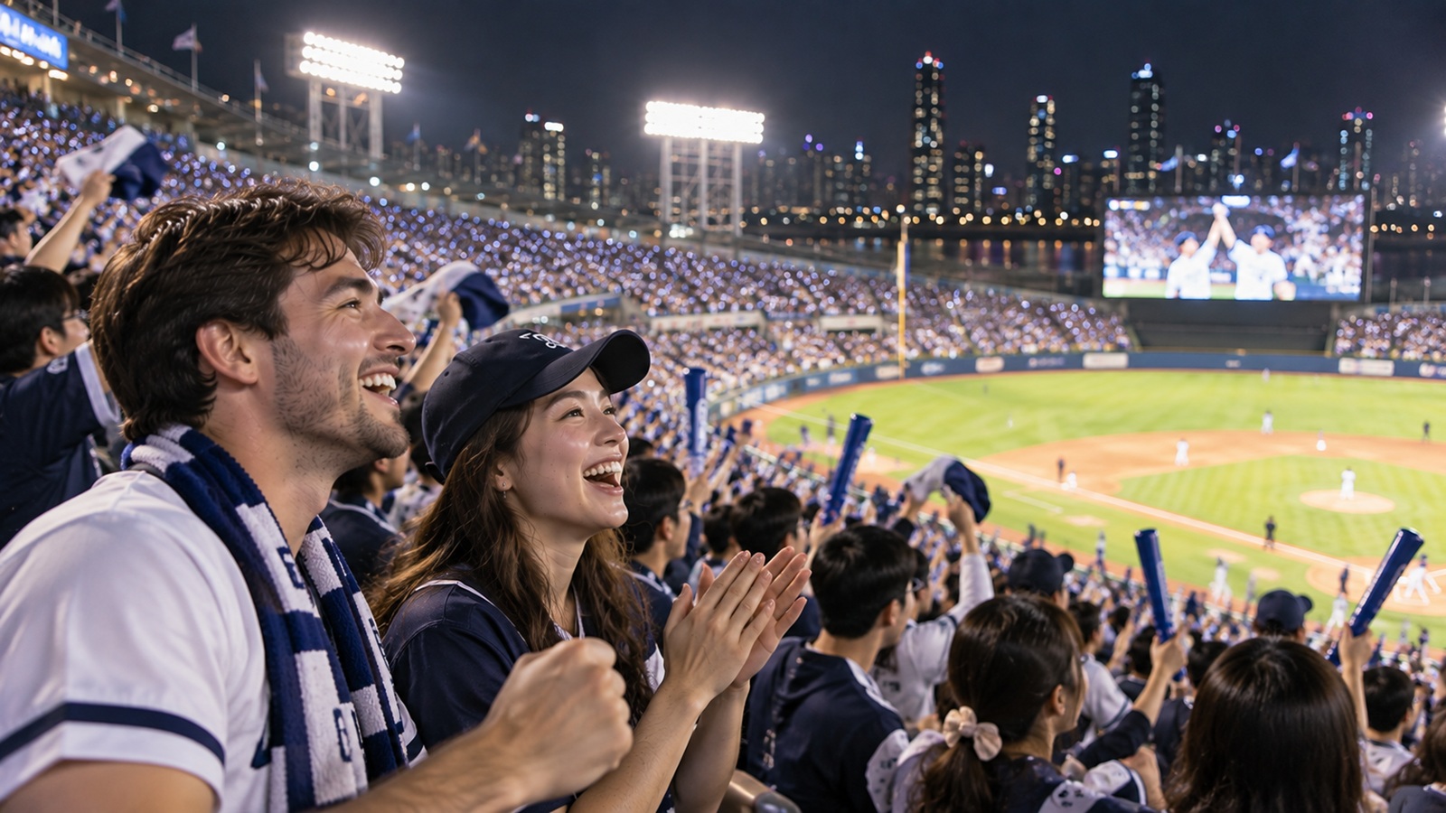 International travelers watching an evening professional baseball game in Seoul