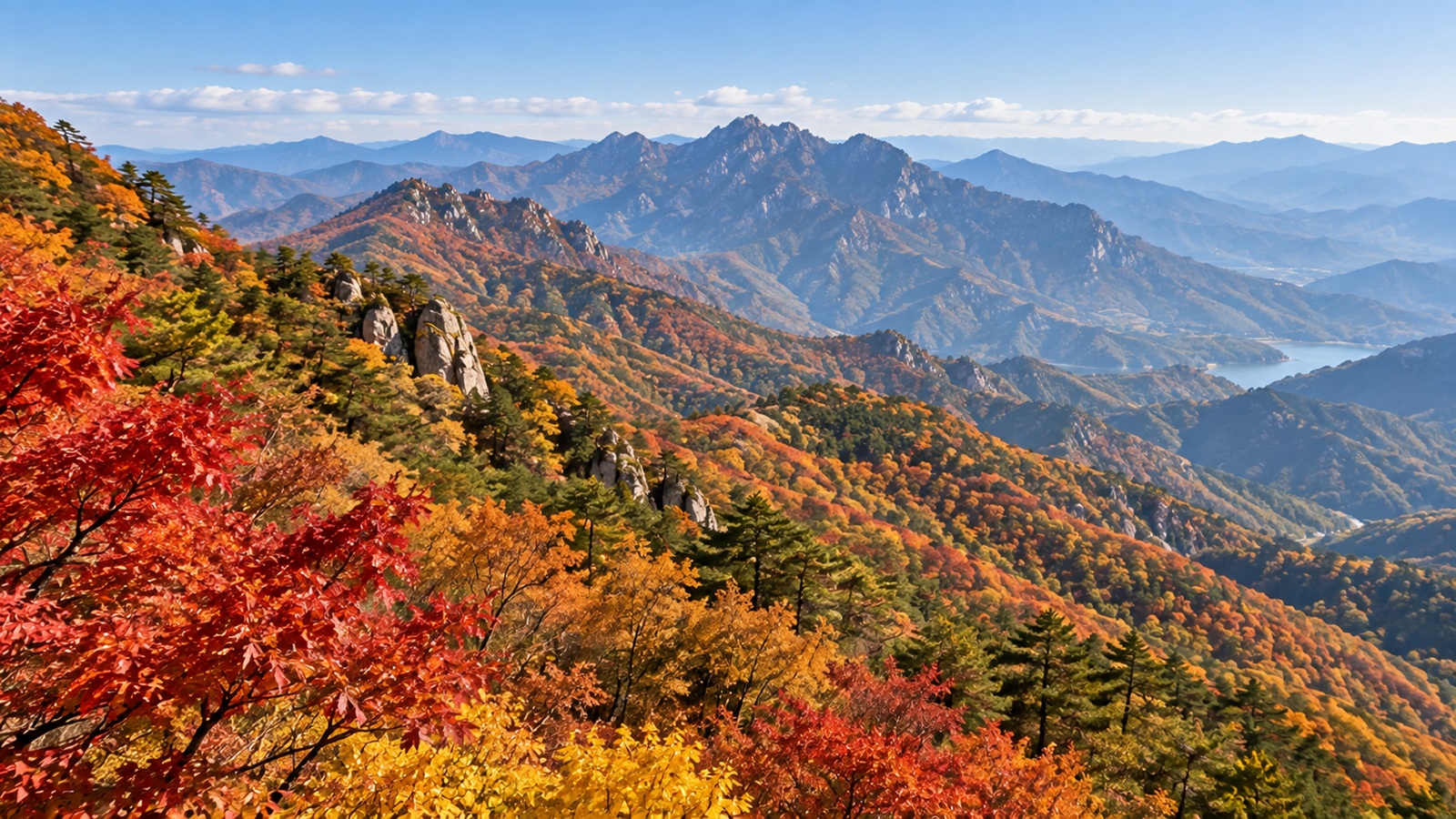 Fall foliage changing across a Korean mountain landscape