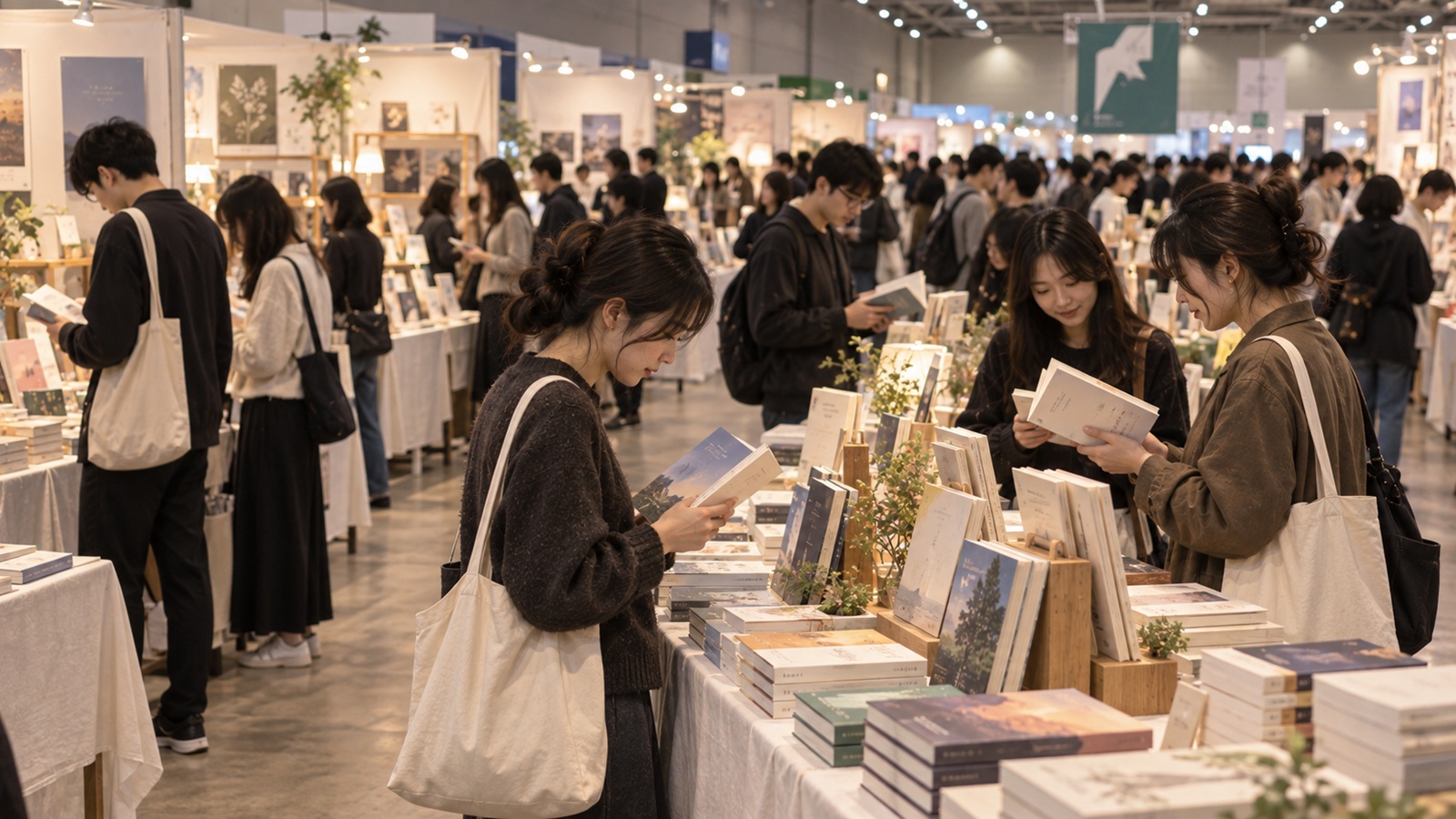 Young visitors exploring books and independent publishers at a Korean book fair