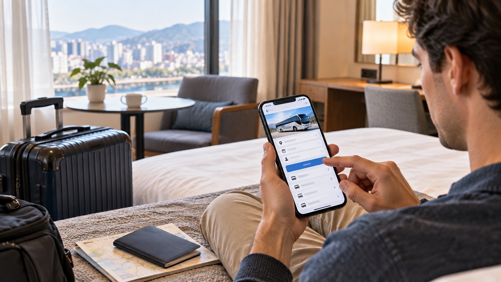 International traveler checking a Korean long-distance bus booking on a smartphone.