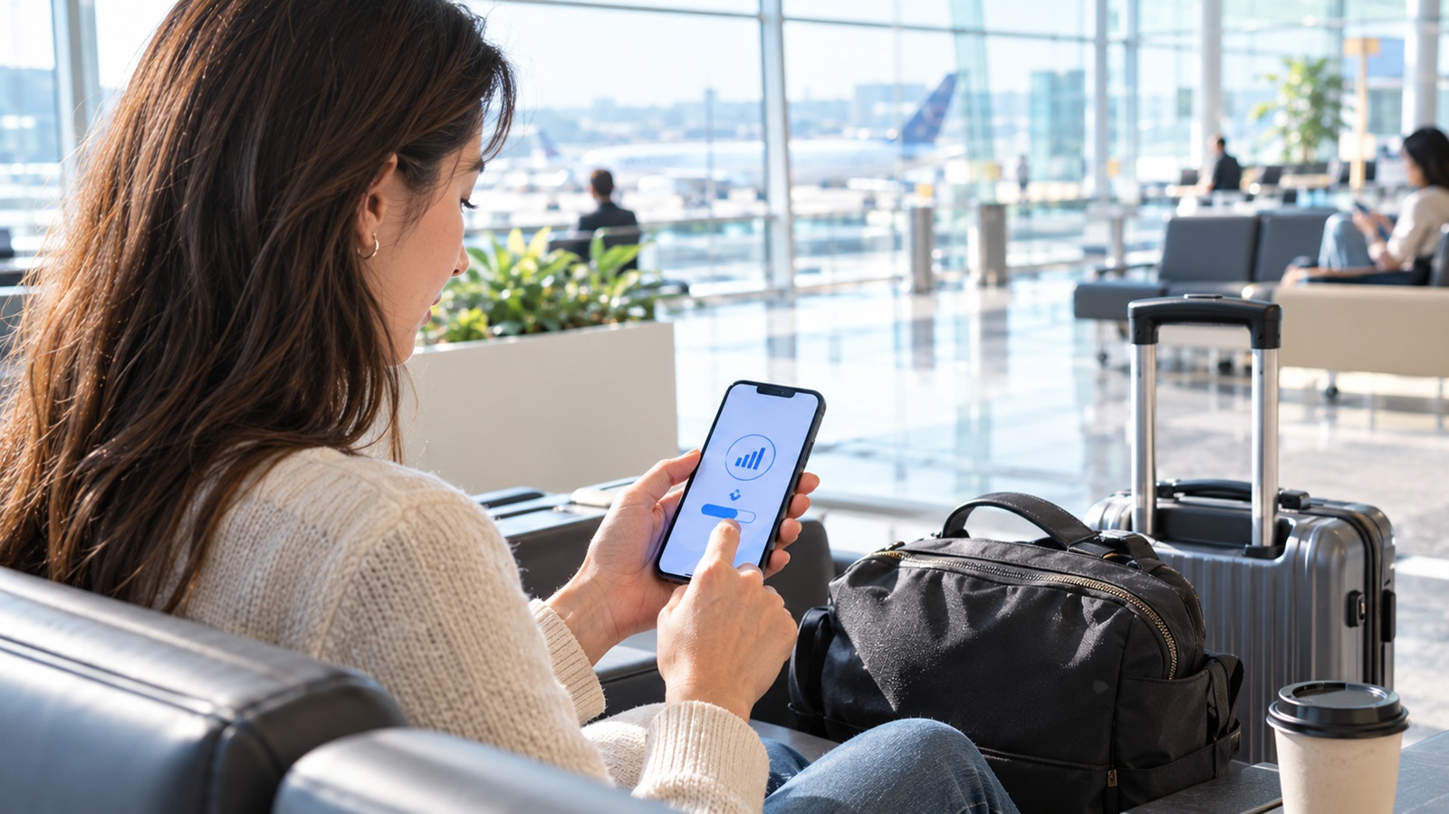 Traveler setting up mobile data on a smartphone after arriving at a Korean airport
