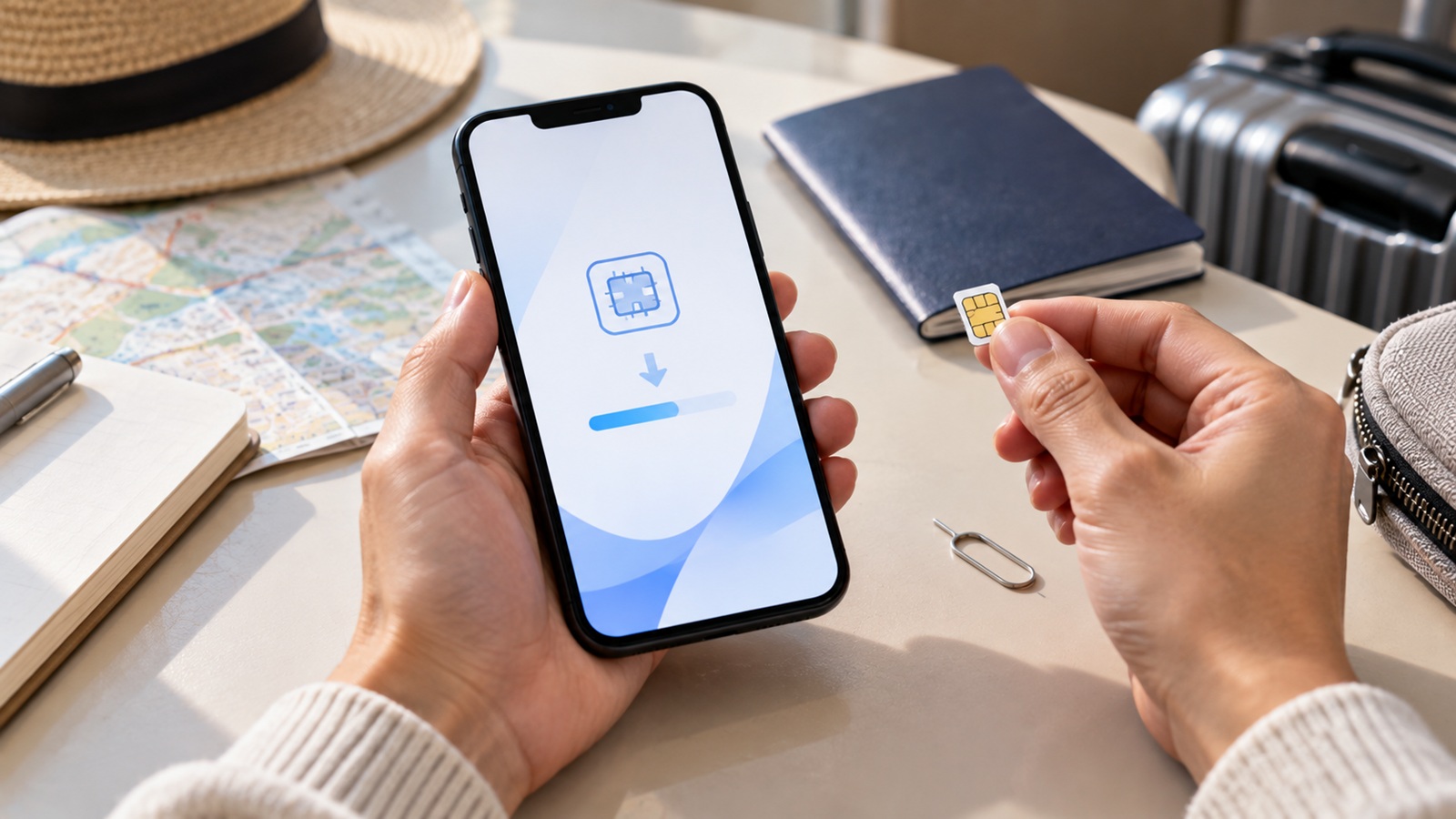 Traveler comparing an eSIM setup on a smartphone with a physical SIM card