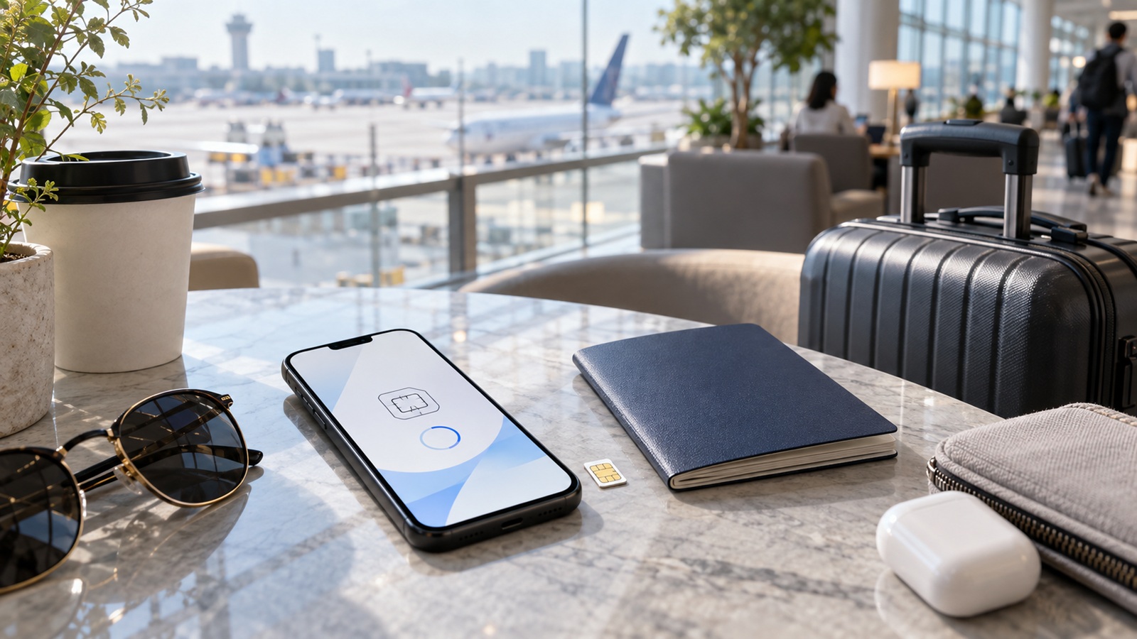Smartphone, physical SIM card and travel essentials prepared for a trip to Korea