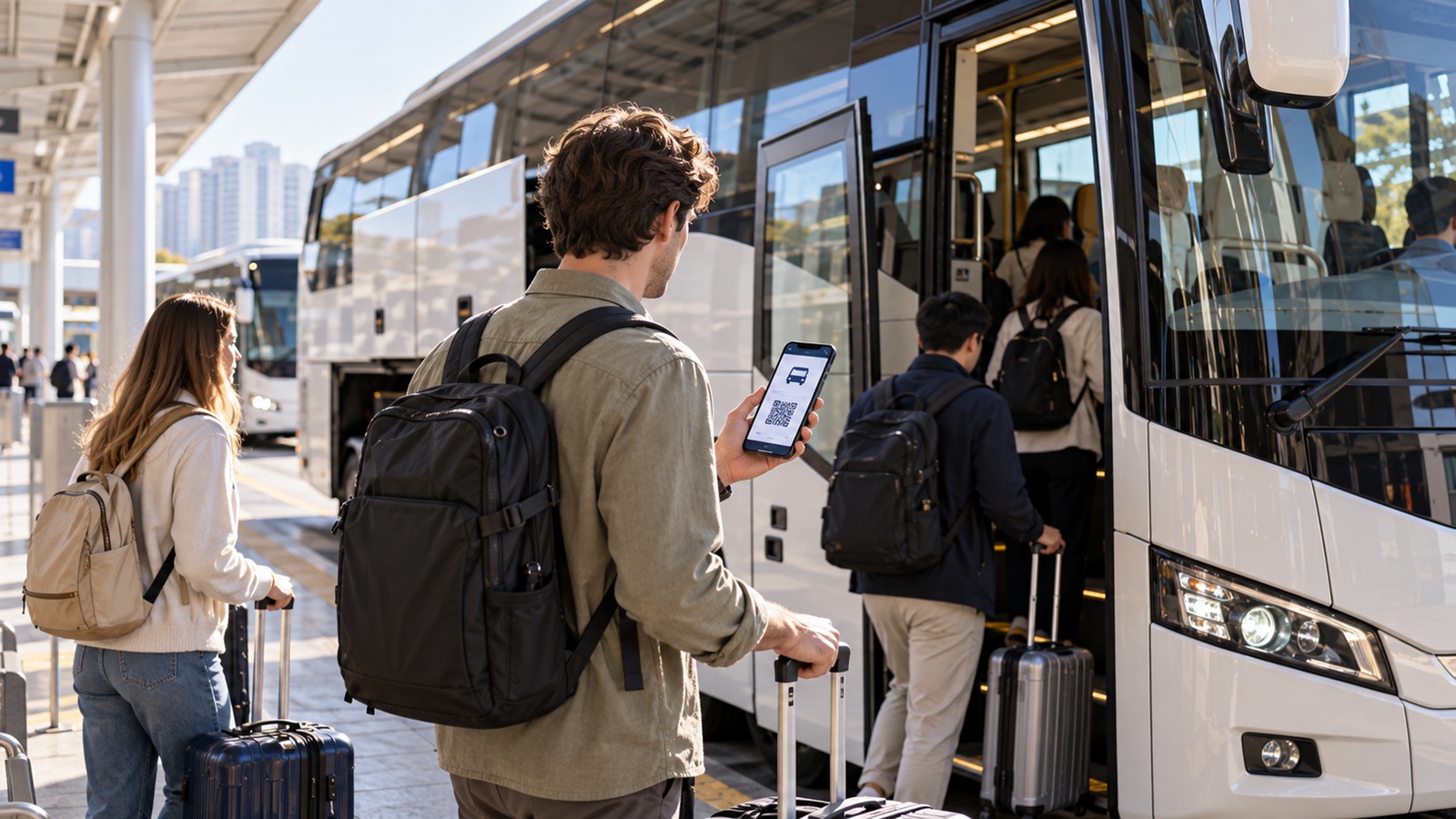 Travelers preparing to board a long-distance bus at a Korean terminal.