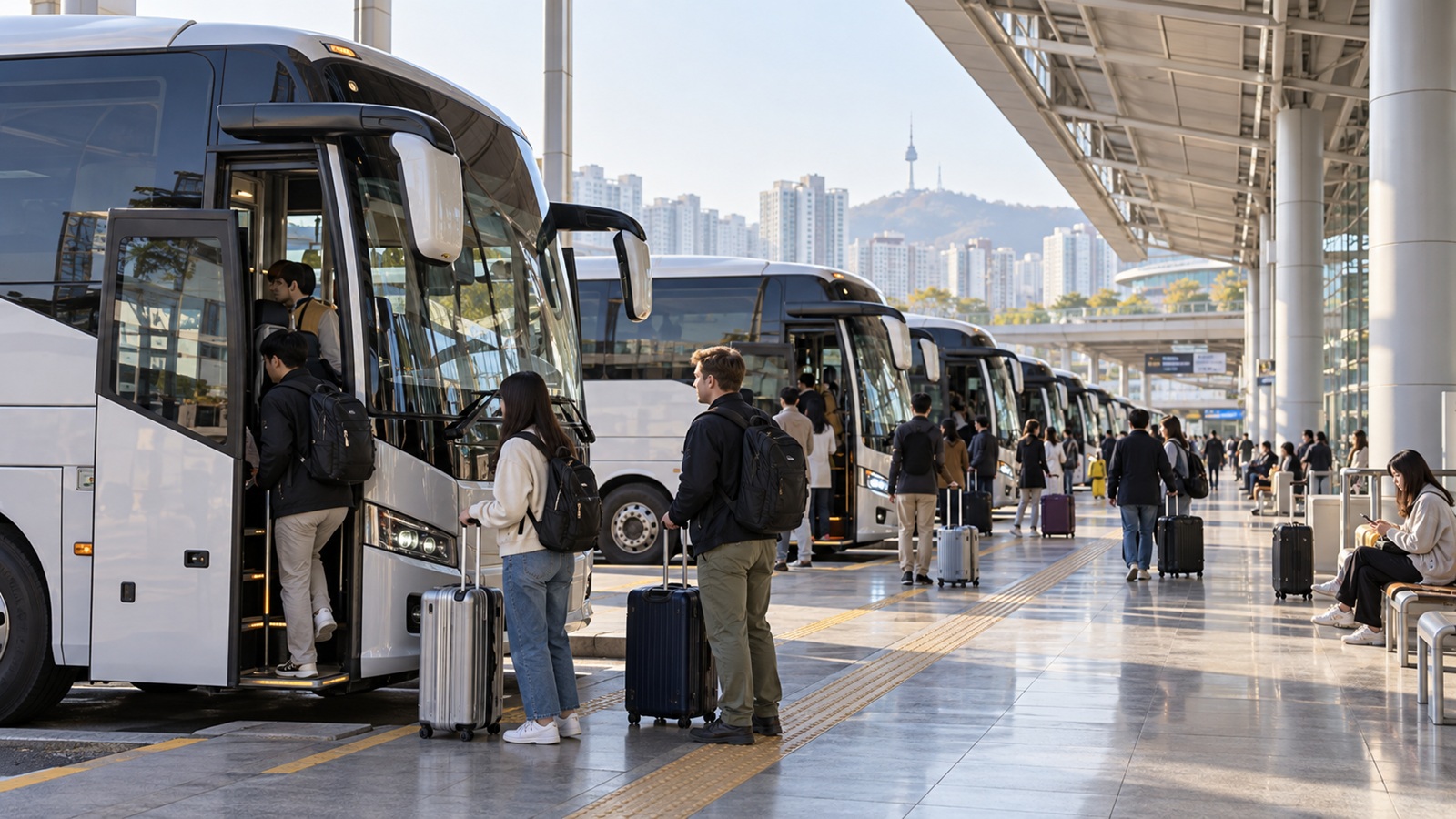 Modern express buses at a Korean bus terminal with travelers preparing for a journey.