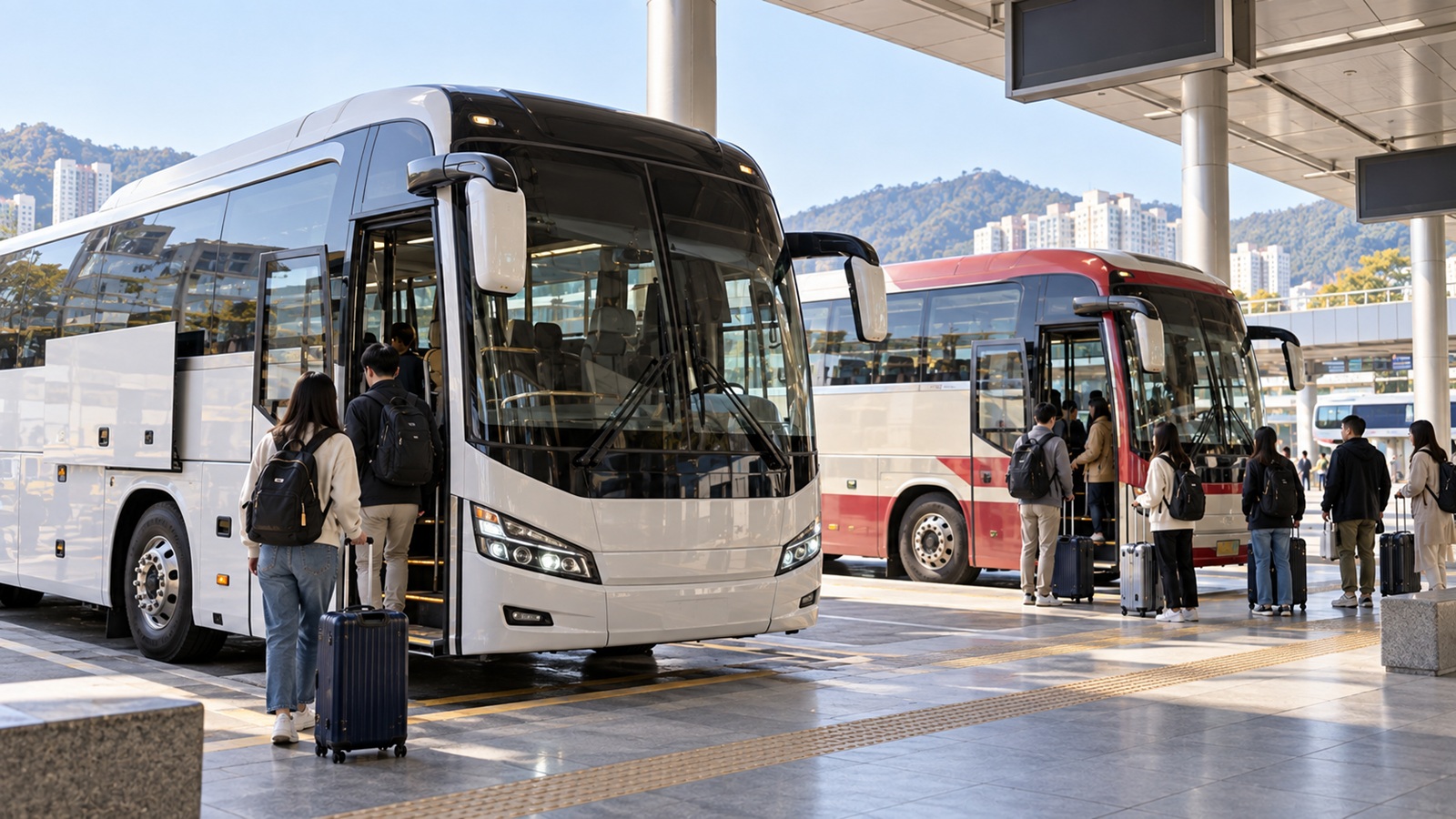 Two long-distance passenger buses at a regional bus terminal in South Korea.