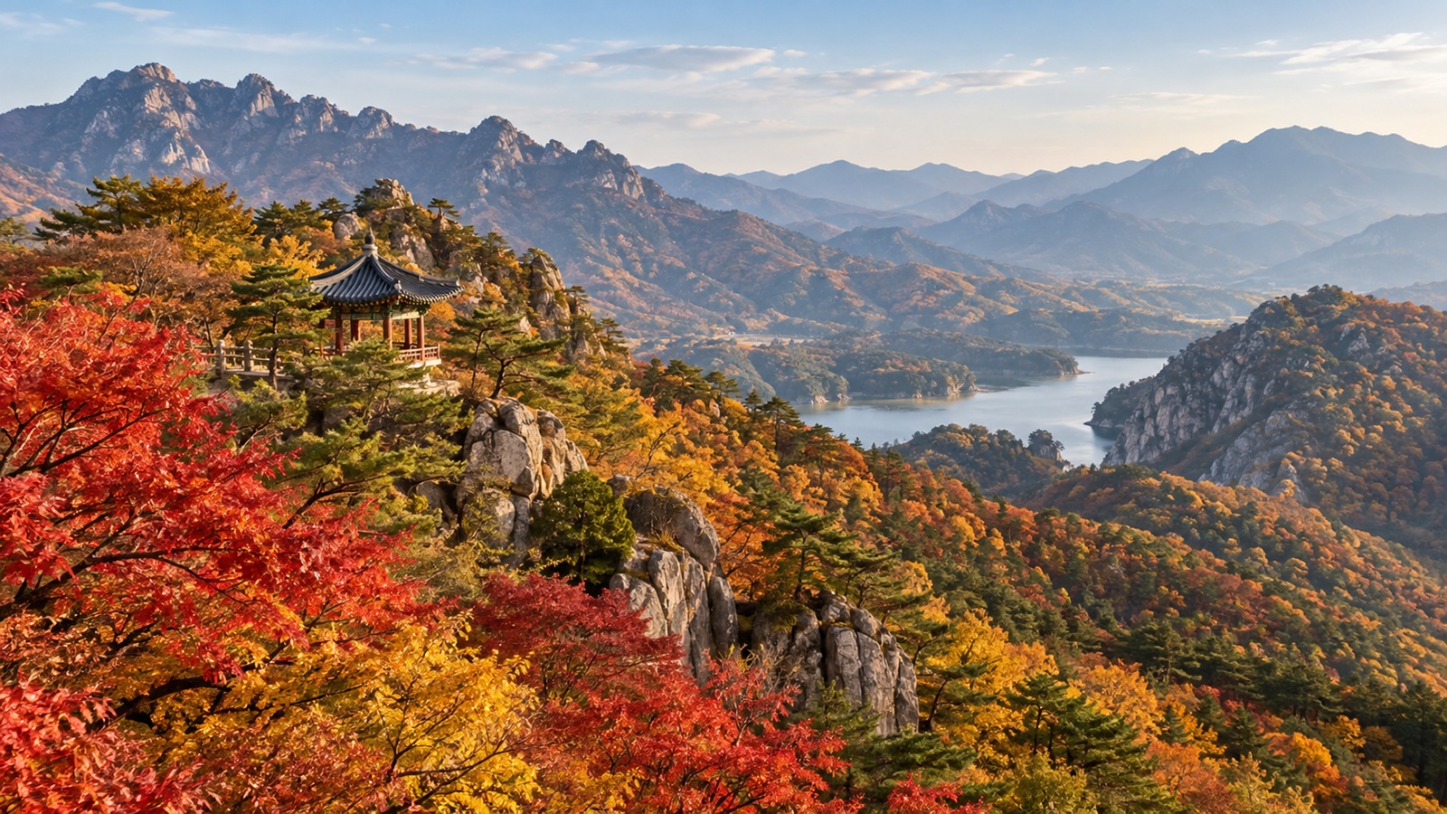 Autumn foliage covering a mountain landscape in Korea