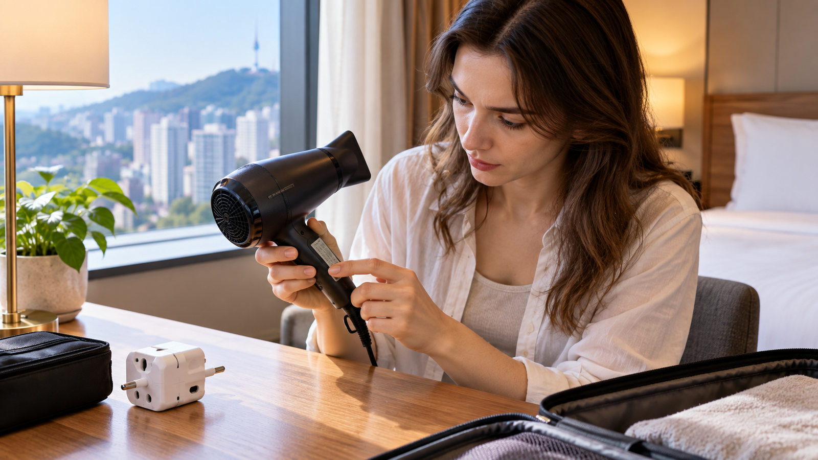 Traveler checking the electrical rating of an unplugged hair dryer before using it in Korea