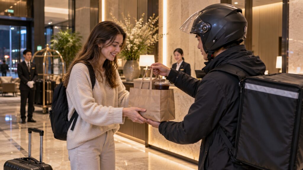 Hotel guest collecting a food delivery in a Seoul lobby