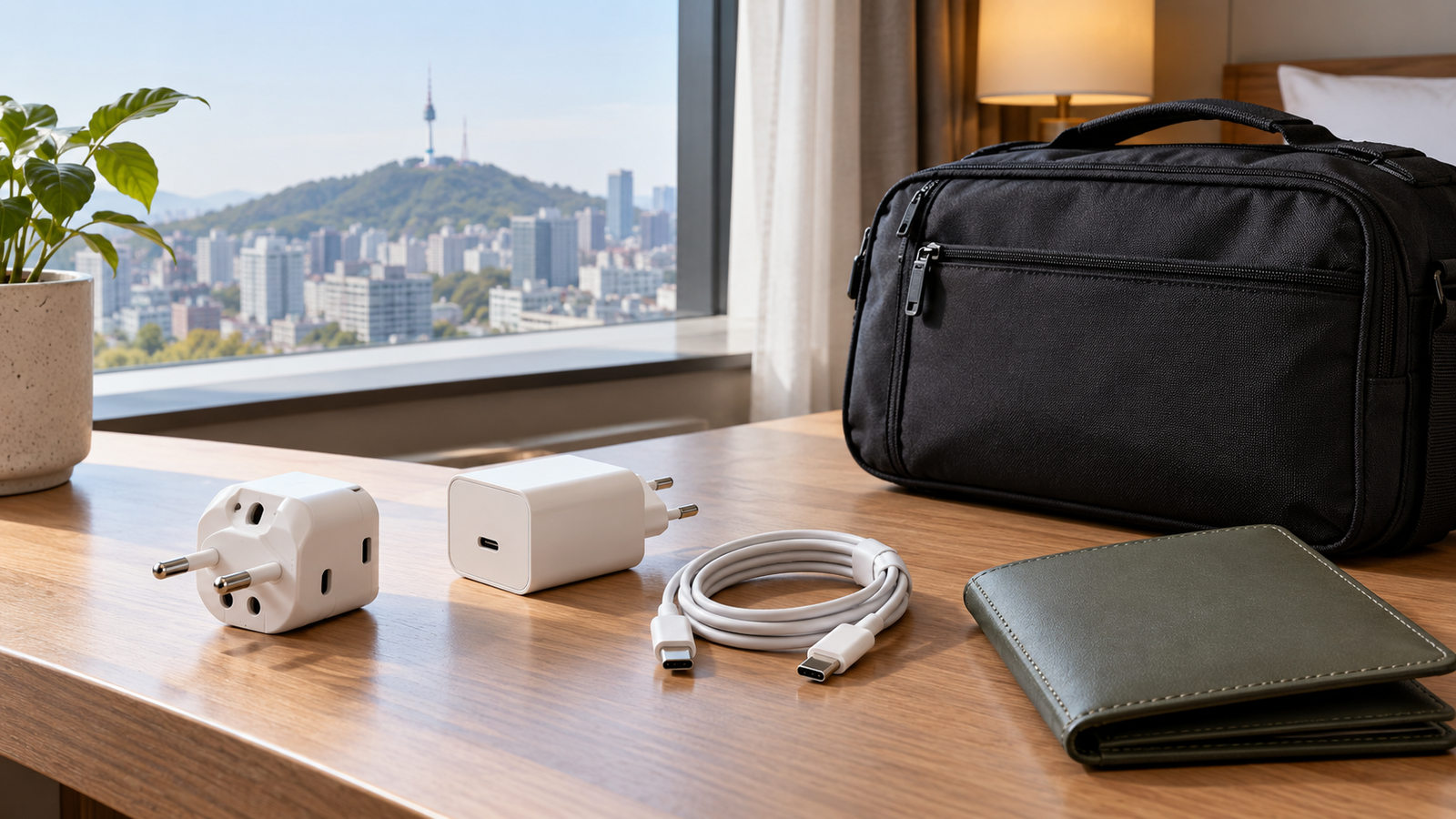 Travel plug adapter and phone charger prepared for a trip to South Korea