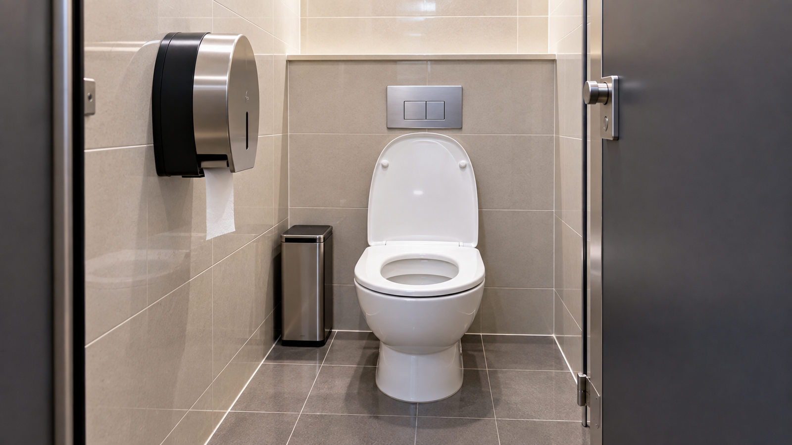 Modern Korean public toilet with a wall-mounted toilet paper dispenser.