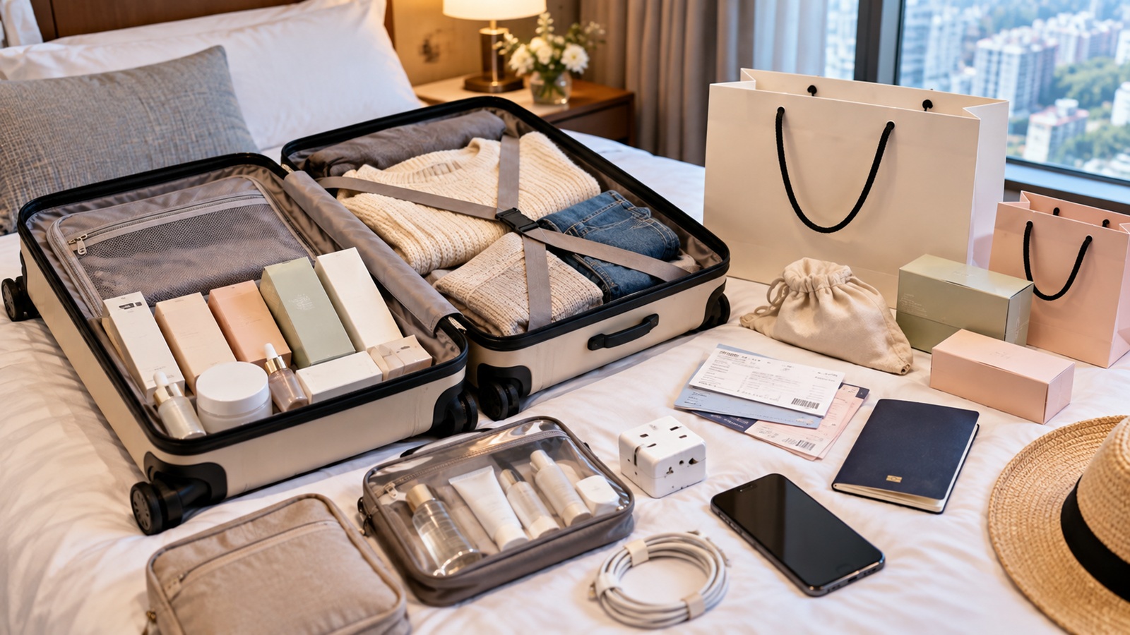 Passport, refund vouchers and travel essentials arranged for a Korea airport departure.