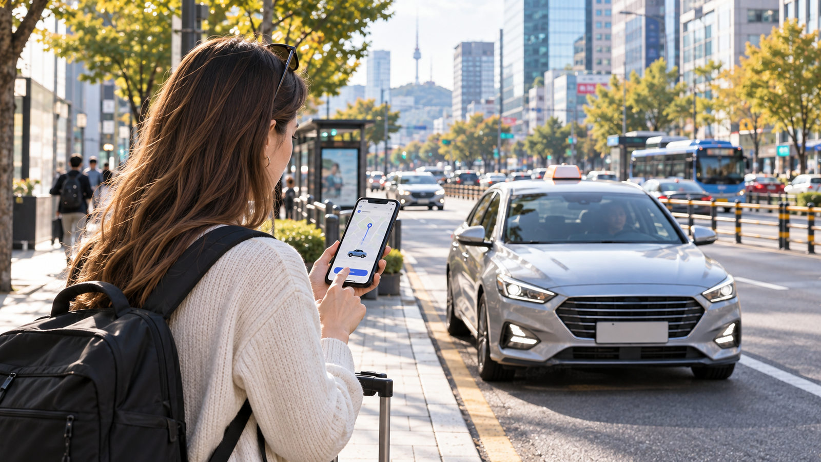 International traveler checking a taxi booking on a smartphone in Seoul