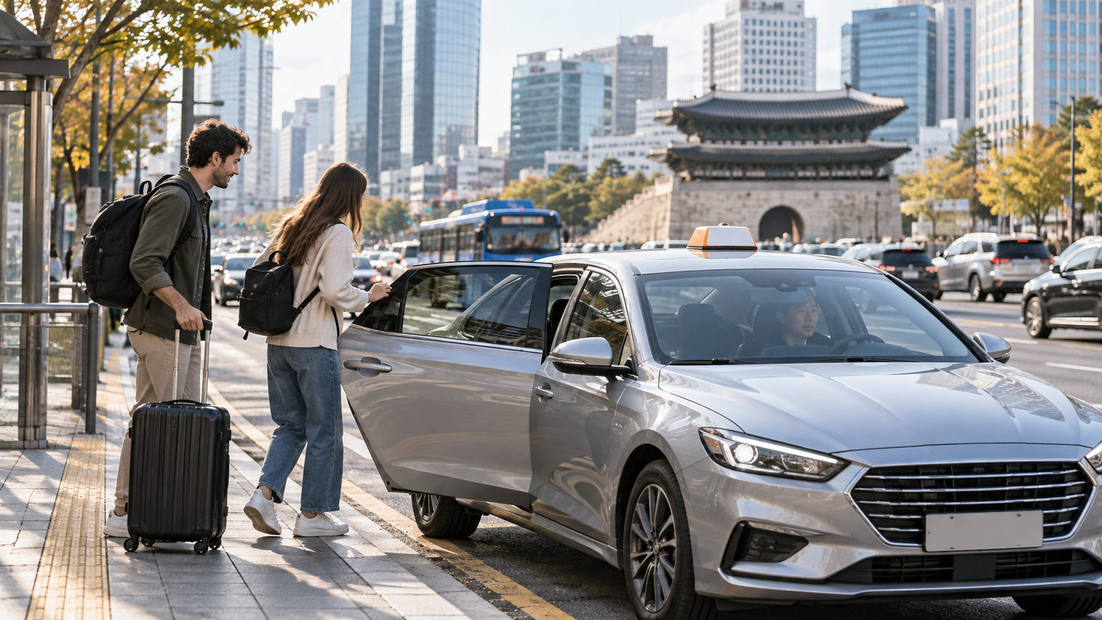 A regular taxi on a city street in Seoul, South Korea