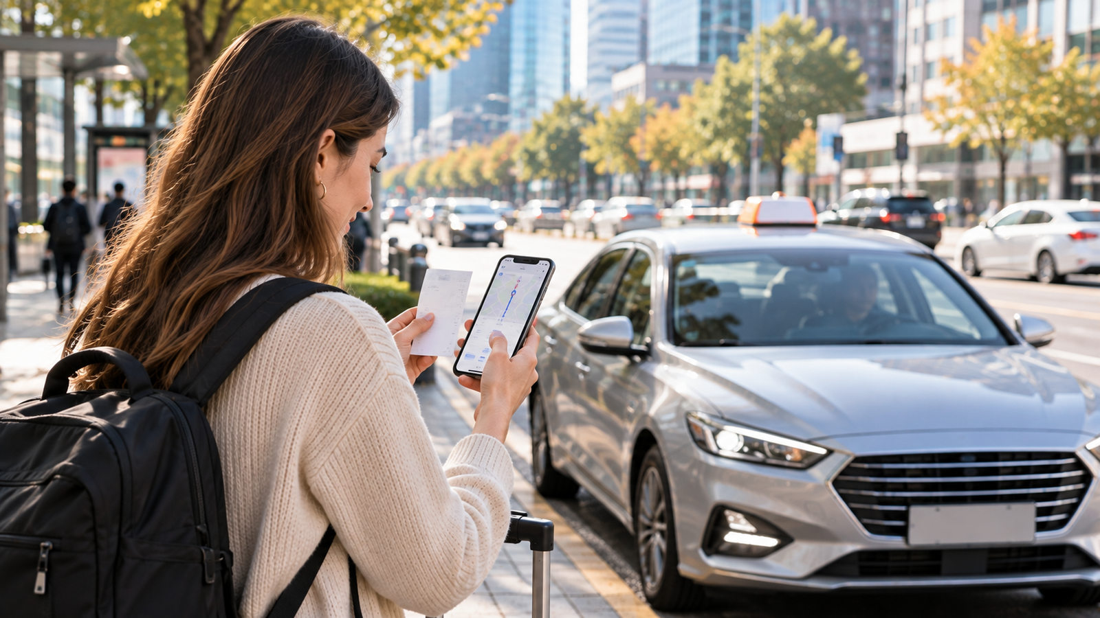 Traveler checking a taxi receipt and ride details after arriving in Seoul