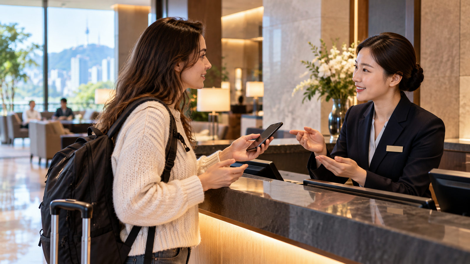 International traveler asking hotel staff for assistance in South Korea