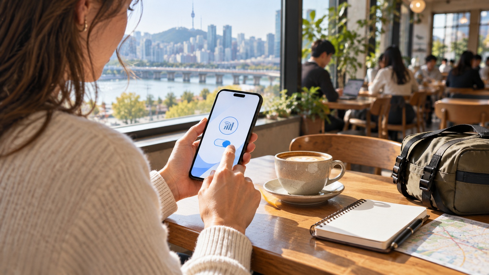 International traveler checking mobile connectivity on a smartphone in a Seoul cafe