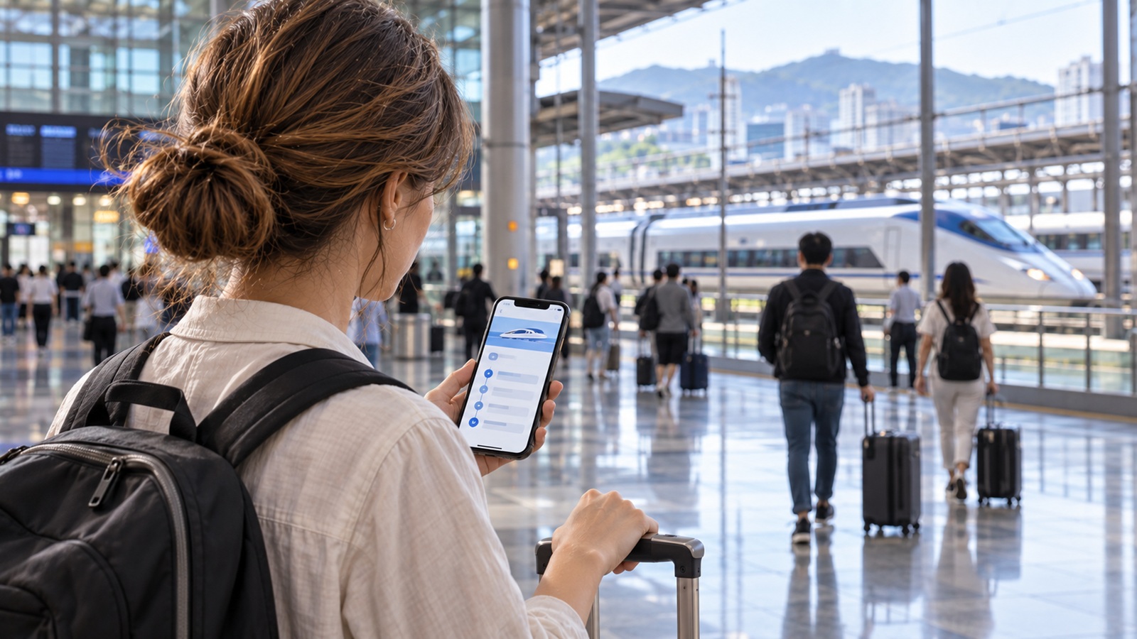 Traveler checking a train journey on a smartphone at a Korean railway station
