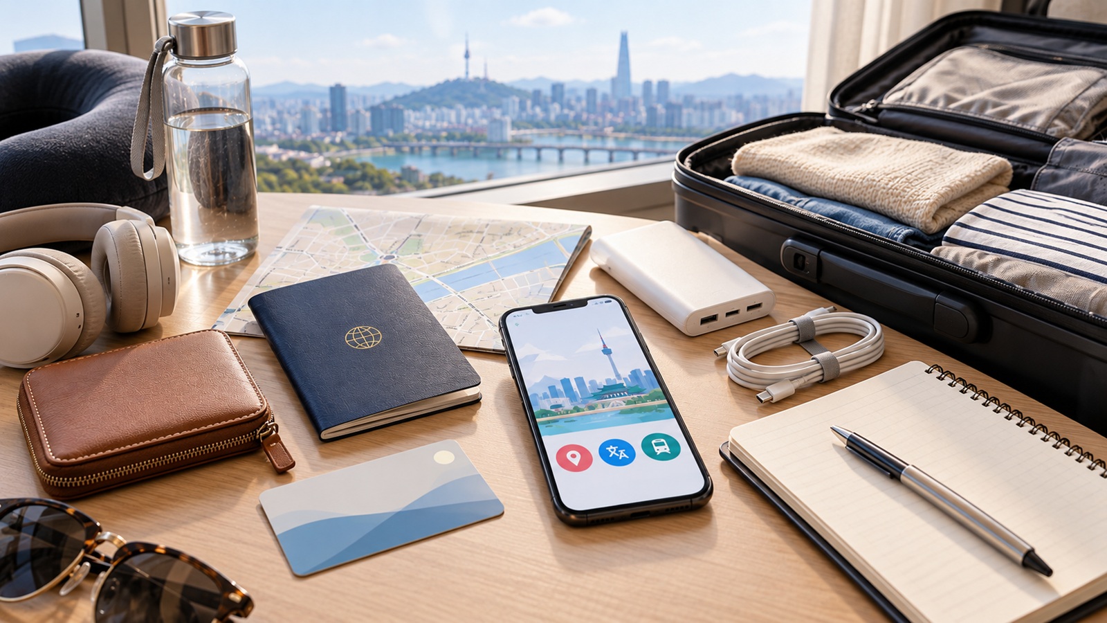 Smartphone and practical travel essentials arranged before a trip to Korea