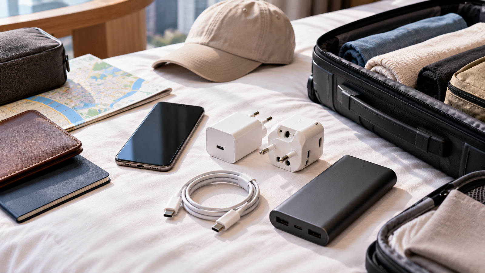 Phone charger, travel adapter, cables and power bank arranged for a South Korea trip