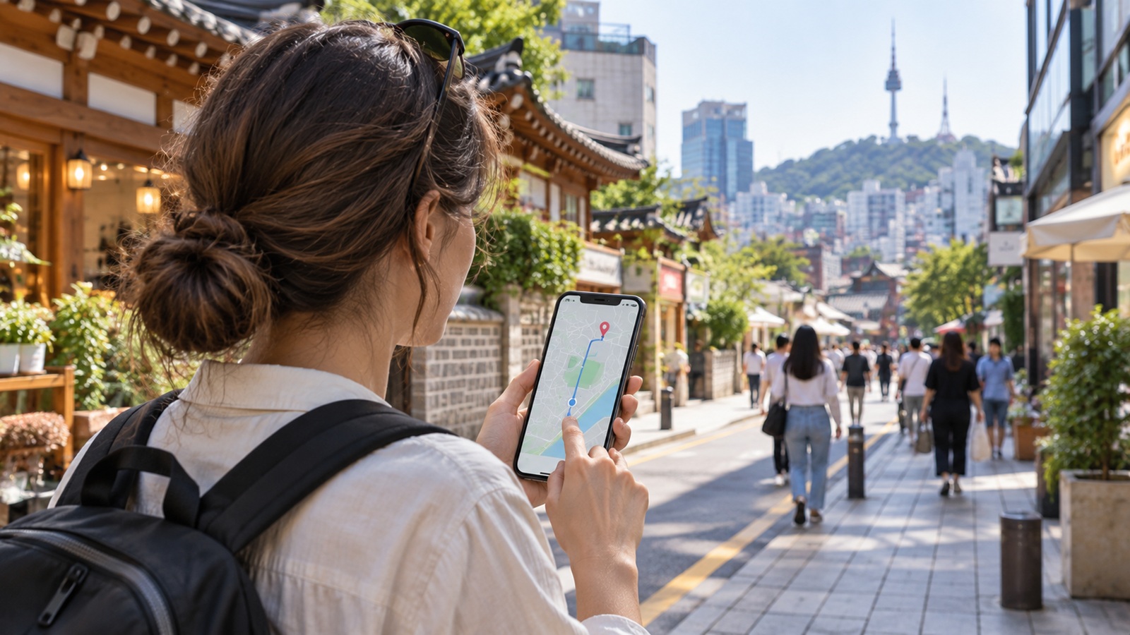 Traveler checking a map on a smartphone on a street in Seoul