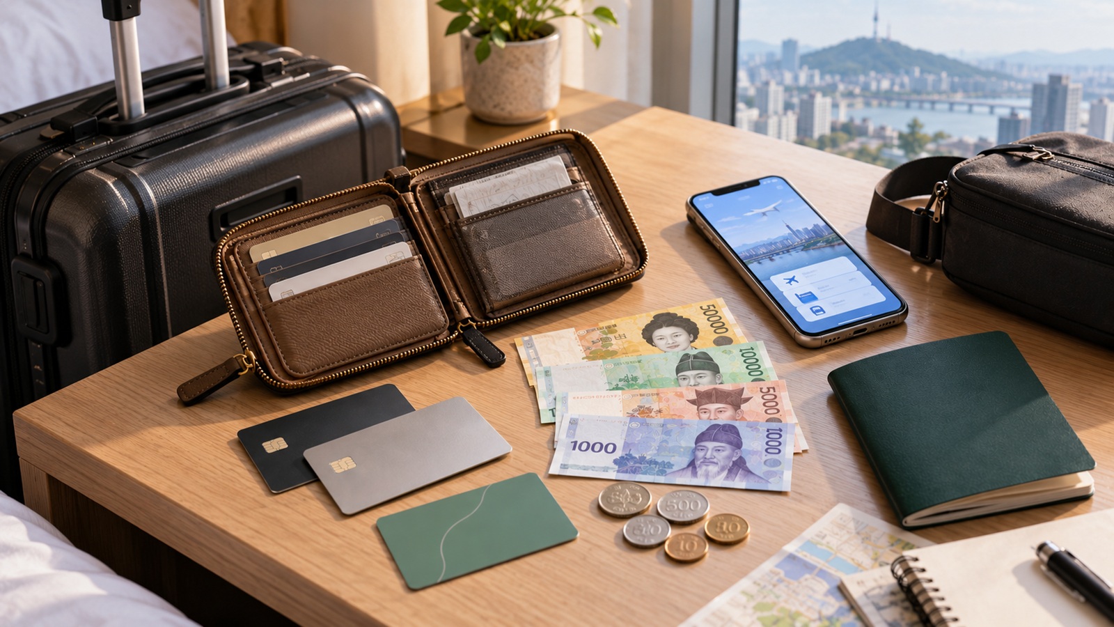 Bank cards, Korean won, transit card and travel essentials prepared before a trip to Korea