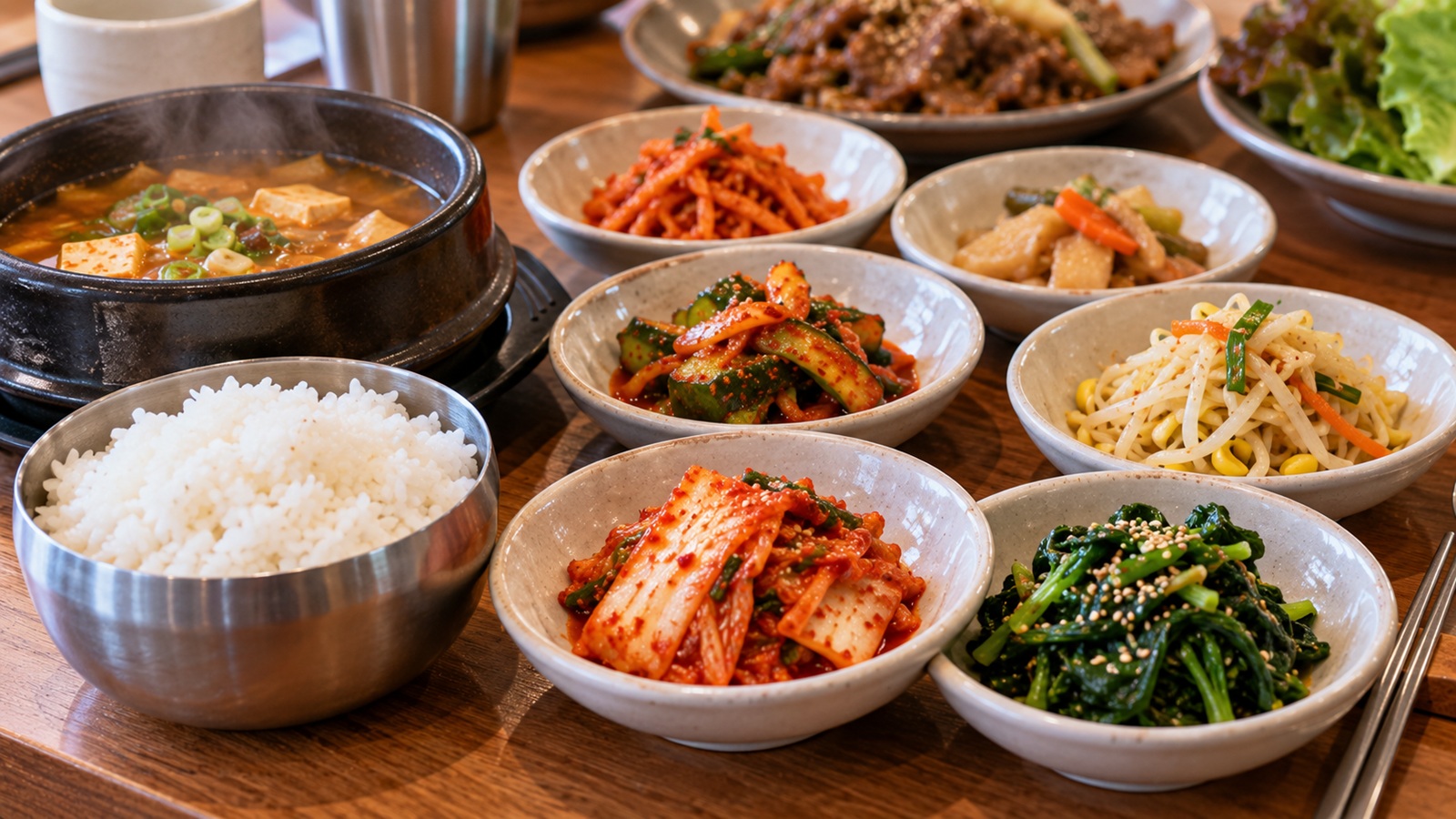 Small Korean banchan dishes served with rice and soup at a restaurant.