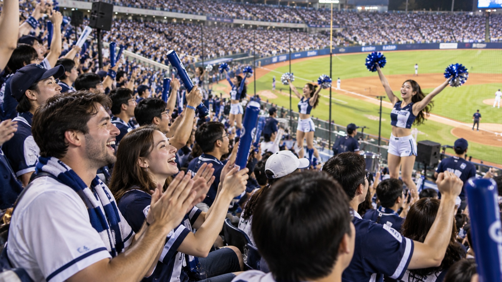 Fans joining coordinated cheering during a professional baseball game in Korea