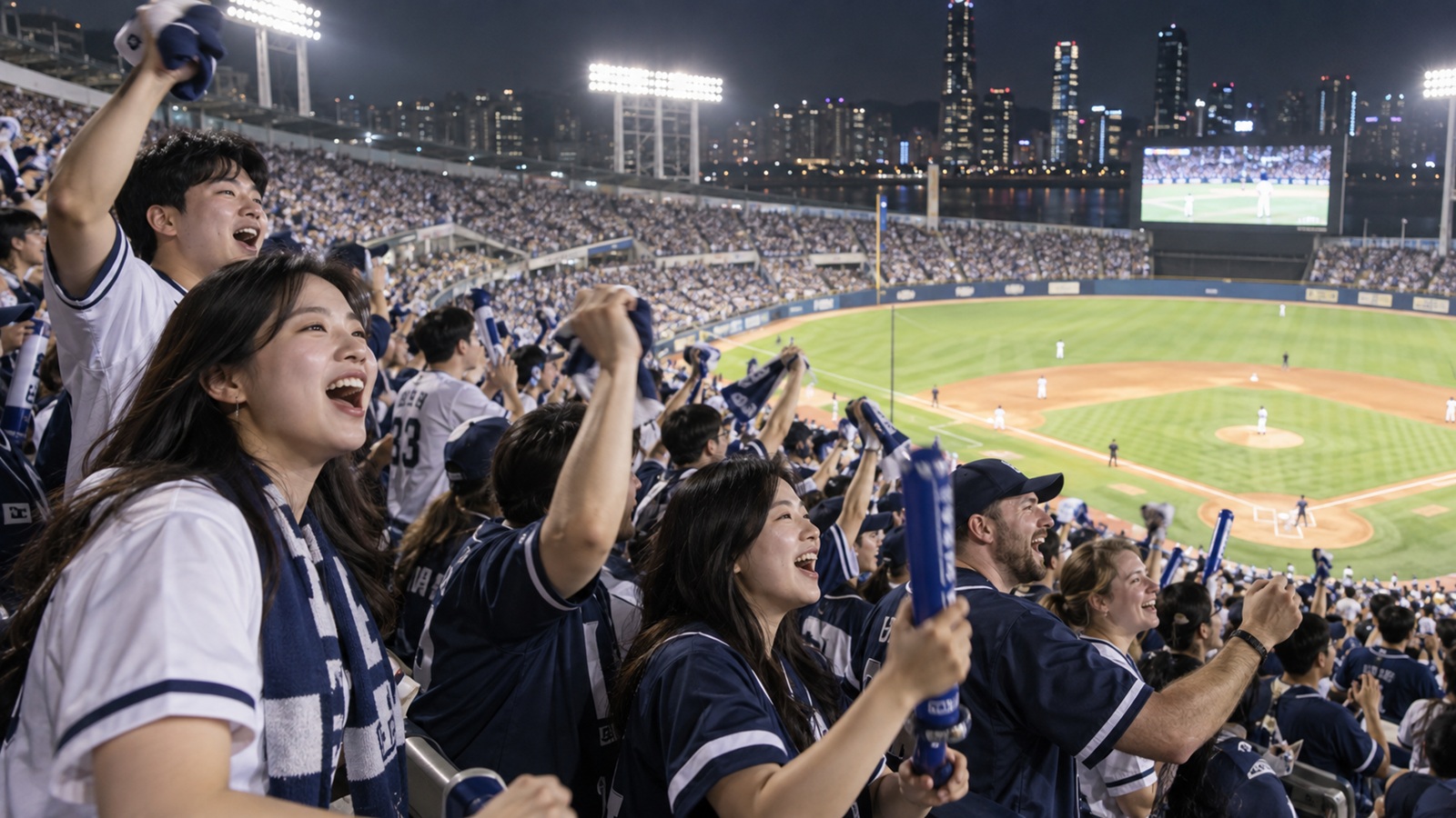 International travelers and Korean fans cheering at a professional baseball game in Seoul