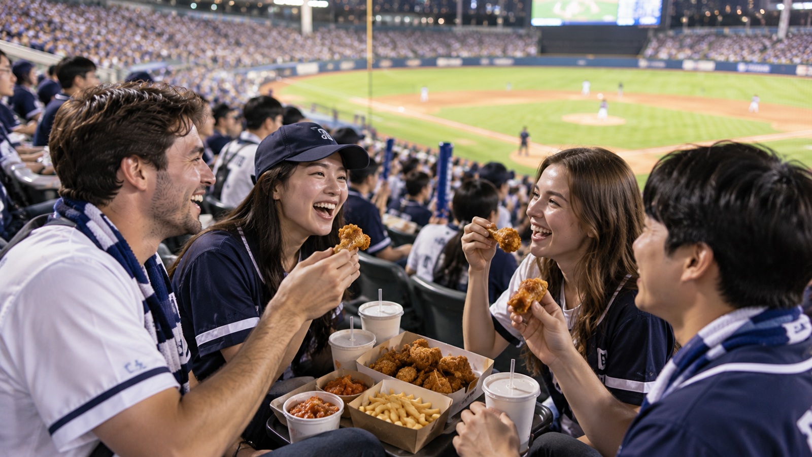 Baseball spectators sharing fried chicken and snacks at a Korean stadium