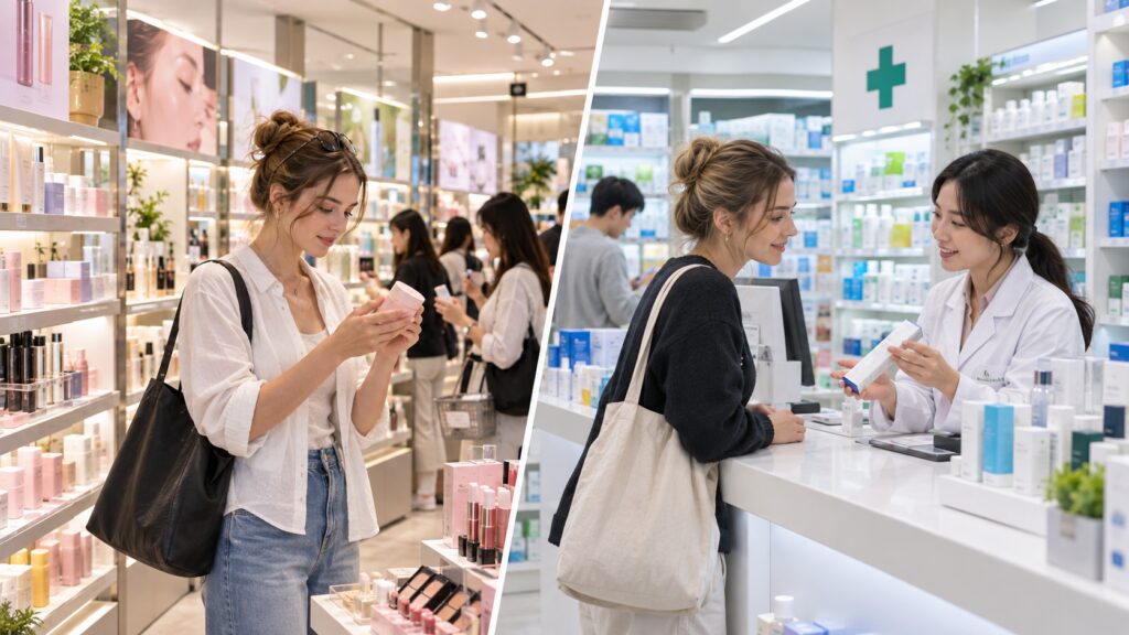Comparison of a Korean beauty store and a Korean pharmacy
