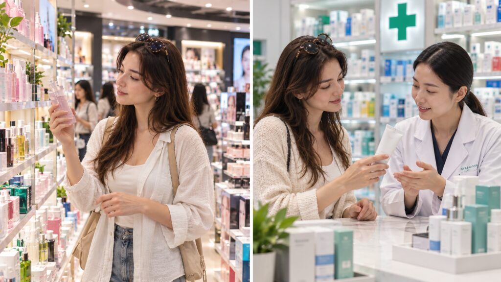 Korean beauty store compared with pharmacy skincare shopping in Seoul