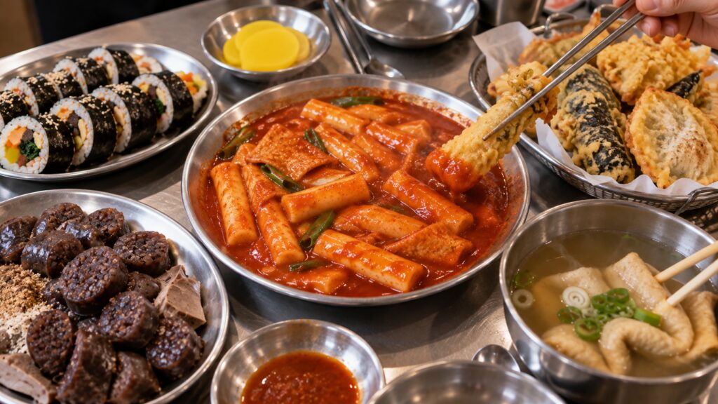 Korean bunsik meal with tteokbokki twigim sundae gimbap and eomuk