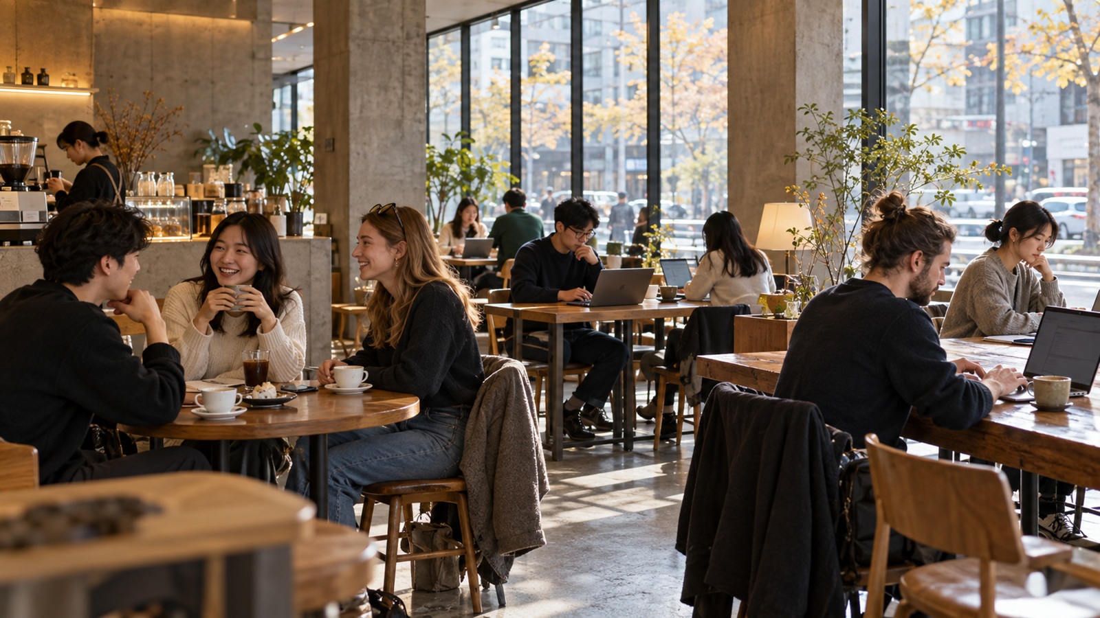 People relaxing, talking and studying inside a contemporary cafe in Seoul