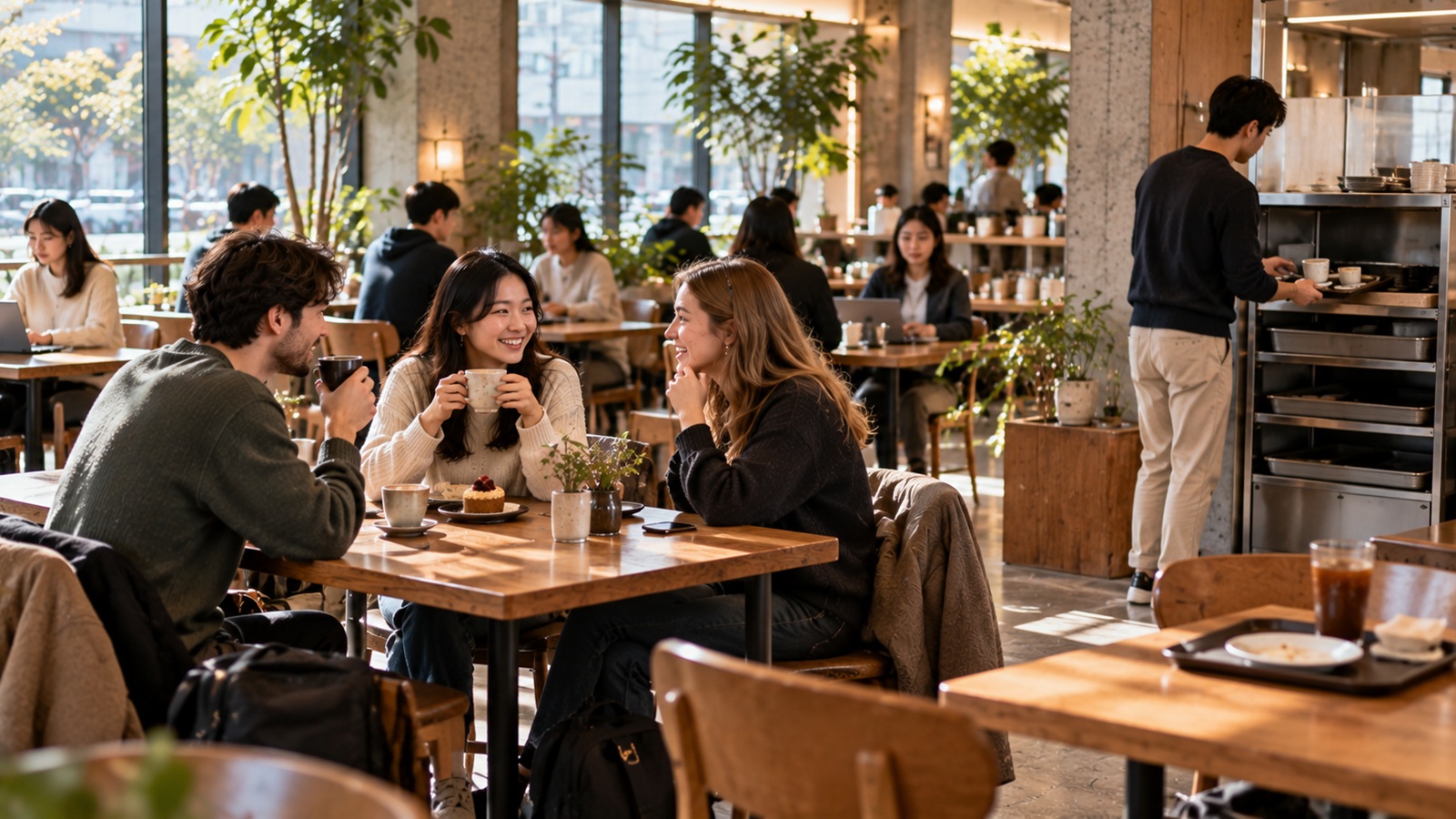 Customers following common self-service etiquette inside a busy Korean cafe