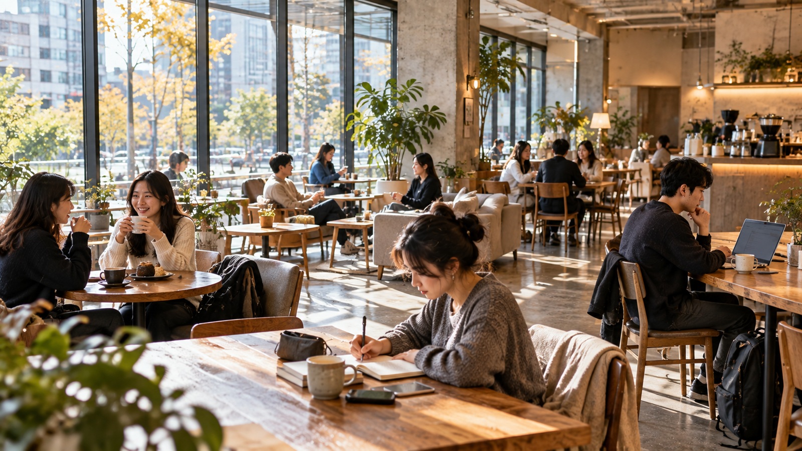 Customers socializing, studying and working inside an everyday Korean cafe