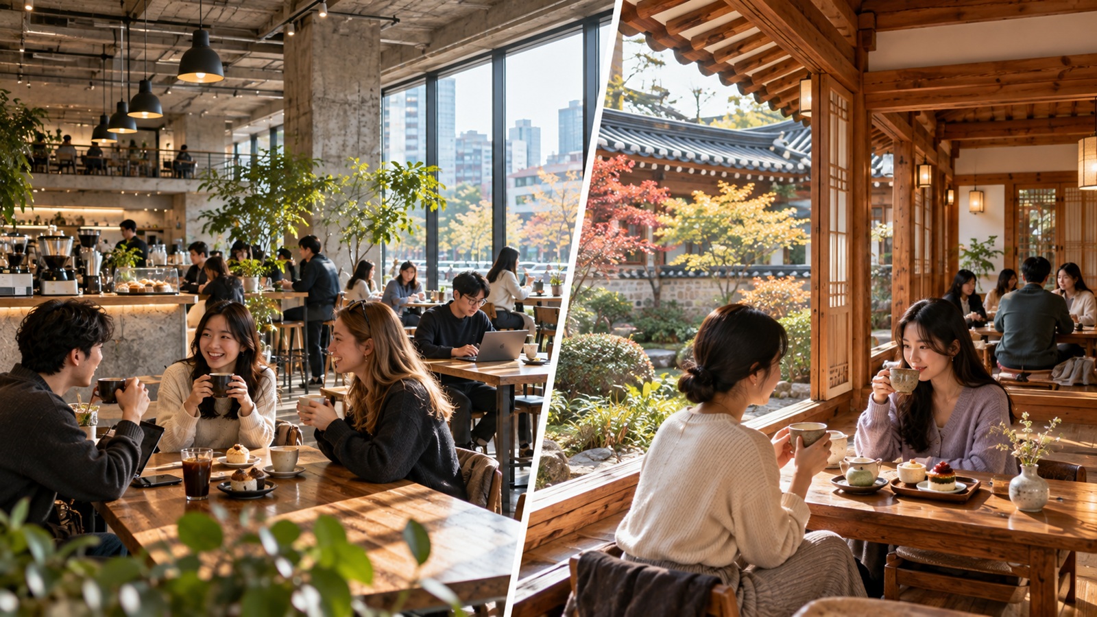 Modern industrial-style cafe and traditional hanok-inspired cafe in Korea