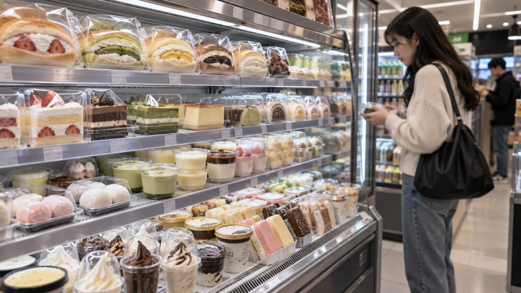 Modern desserts displayed in a Korean convenience store in Seoul