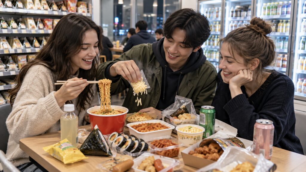 Friends combining different Korean convenience store foods at a small table