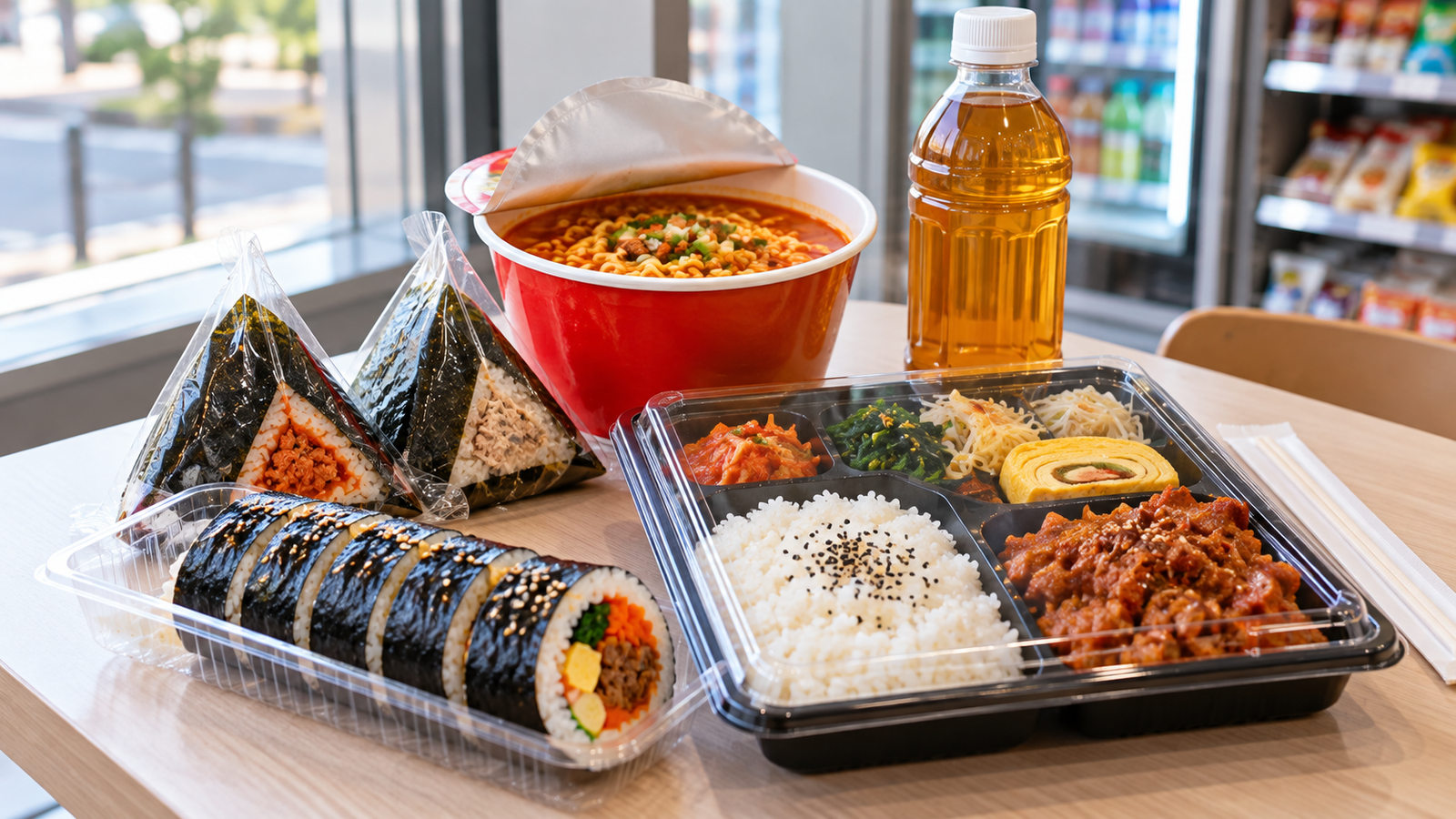 Ready-to-eat food and drinks displayed on a Korean convenience store table.