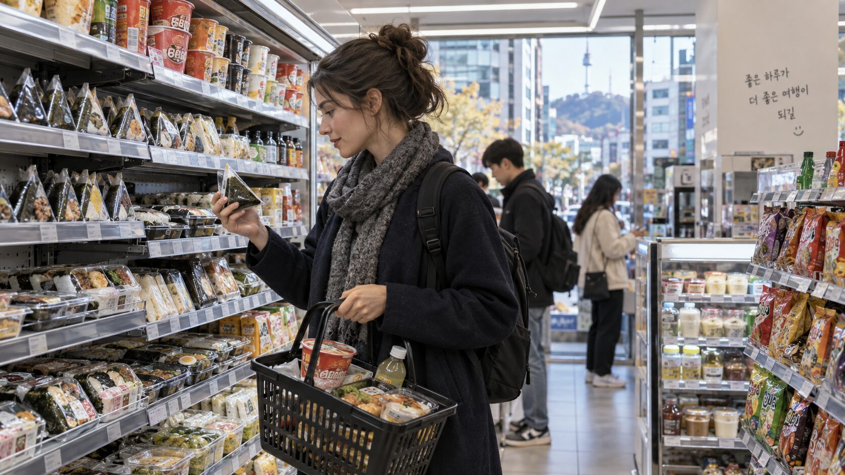 Traveler browsing ramen, gimbap and ready-to-eat food at a Korean convenience store