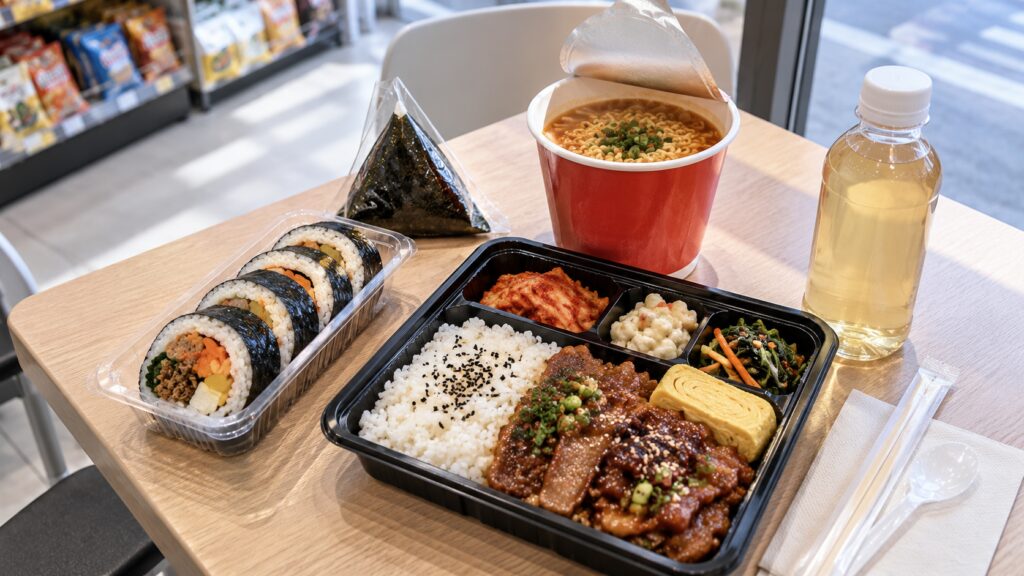 Korean convenience store meal with samgak-gimbap, dosirak, ramyeon and a drink